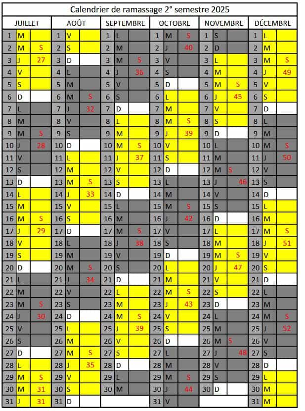 calendrier collecte 2025 du lundi- 2ème semestre