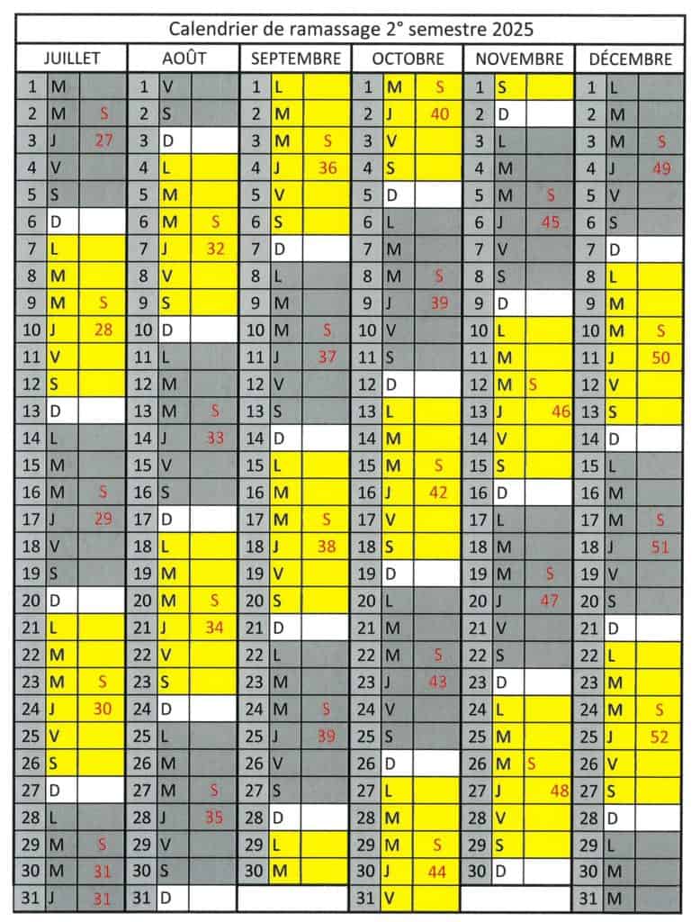 calendrier collecte des déchets le mercredi 2ème semestre 2025